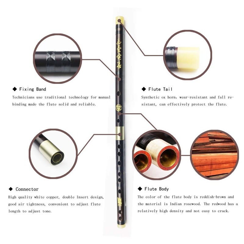 PHYSKOW C Key Dizi Professional Rosewood Flute with Free Membrane & Glue & Protector Set Traditional Chinese Instrument (Key of C/Professional Rosewood) - Image 2